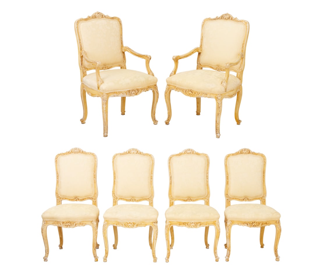 Louis XV Style Silk Upholstered Dining Chairs, 10: Set of Ten Louis XV Style Yellow Silk Damask Upholstered Cream Painted Dining Chairs, two armchairs and eight side chairs. Armchair: 43.5" H x 25.5" W x 20" D; seat: 19" H; armrests: 27" H.