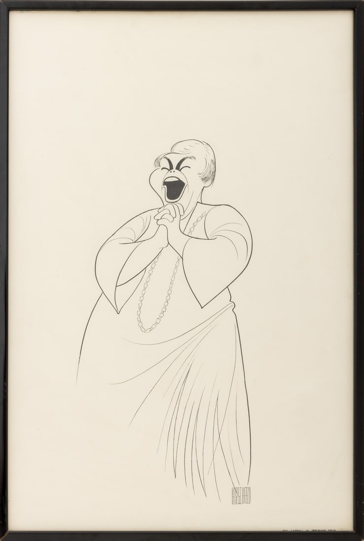 Al Hirshfeld "Pat Carroll as Gertrude Stein" Ink: Al Hirschfeld (American, 1903-2003), "Pat Carroll as Gertrude Stein", Ink on Illustration Board, depicting the actress Pat Carroll (American, 1927-2022), signed in ink lower right, titled to border