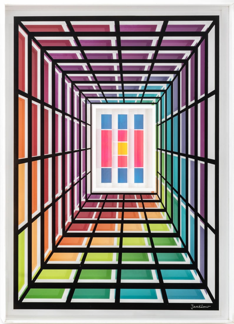 Leonard Janklow Op Art Object Mixed Media: Leonard Janklow (American, 1919-2006) Op Art Object Mixed Media, acrylic on Plexiglas with central glass prisms and black acrylic overlay, white Plexiglas frame, signed lower right and to reverse.