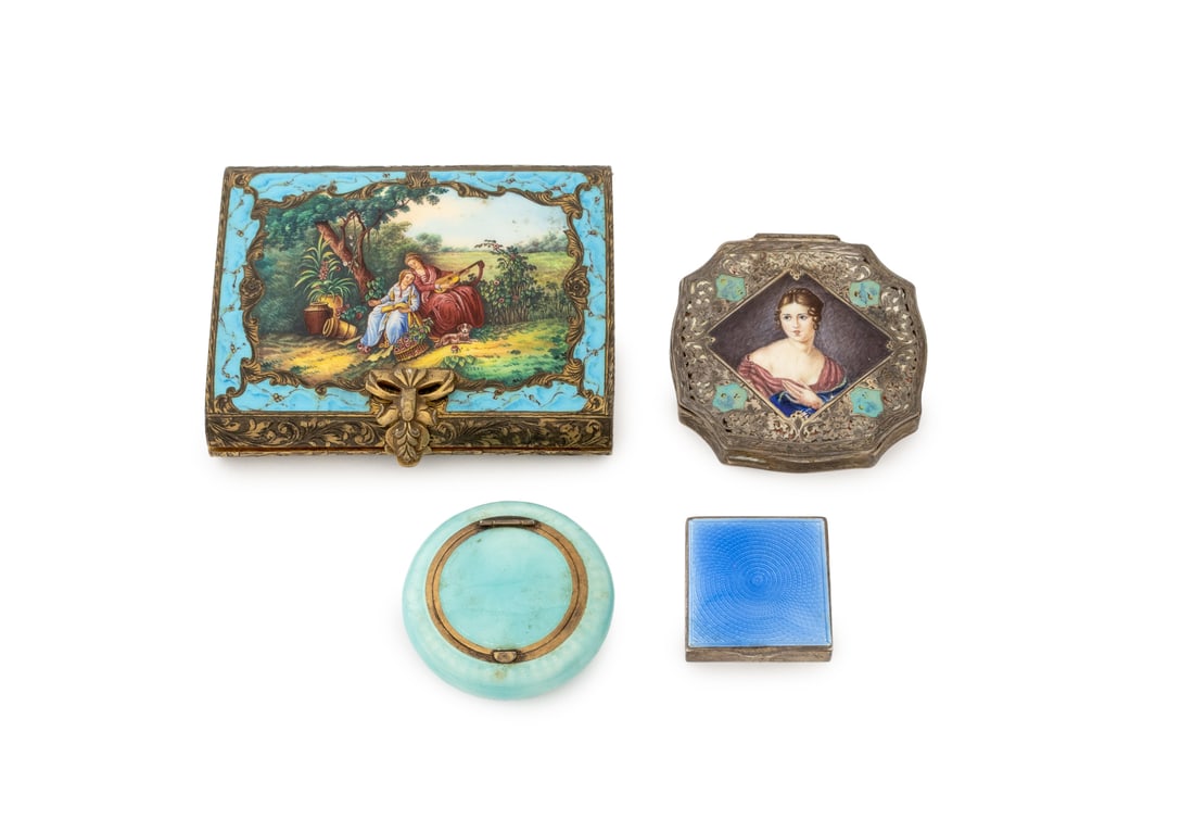 European Silver and Enamel Accessories, 4: Group of Four European Silver and Enamel Dressing Table Accessories, comprising: a Norwegian sterling silver and blue enamel covered circular box with hinged lid, marked "925 / Norway / E.C.K." to the