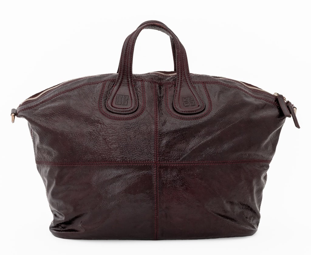 Givenchy Patent Leather Nightingale Satchel: Givenchy Crinkled Patent Leather Nightingale Satchel, in brown, with top handles and shoulder strap, silver-tone hardware, top zipper opening to tan cotton lining with single zipper pocket and two sle