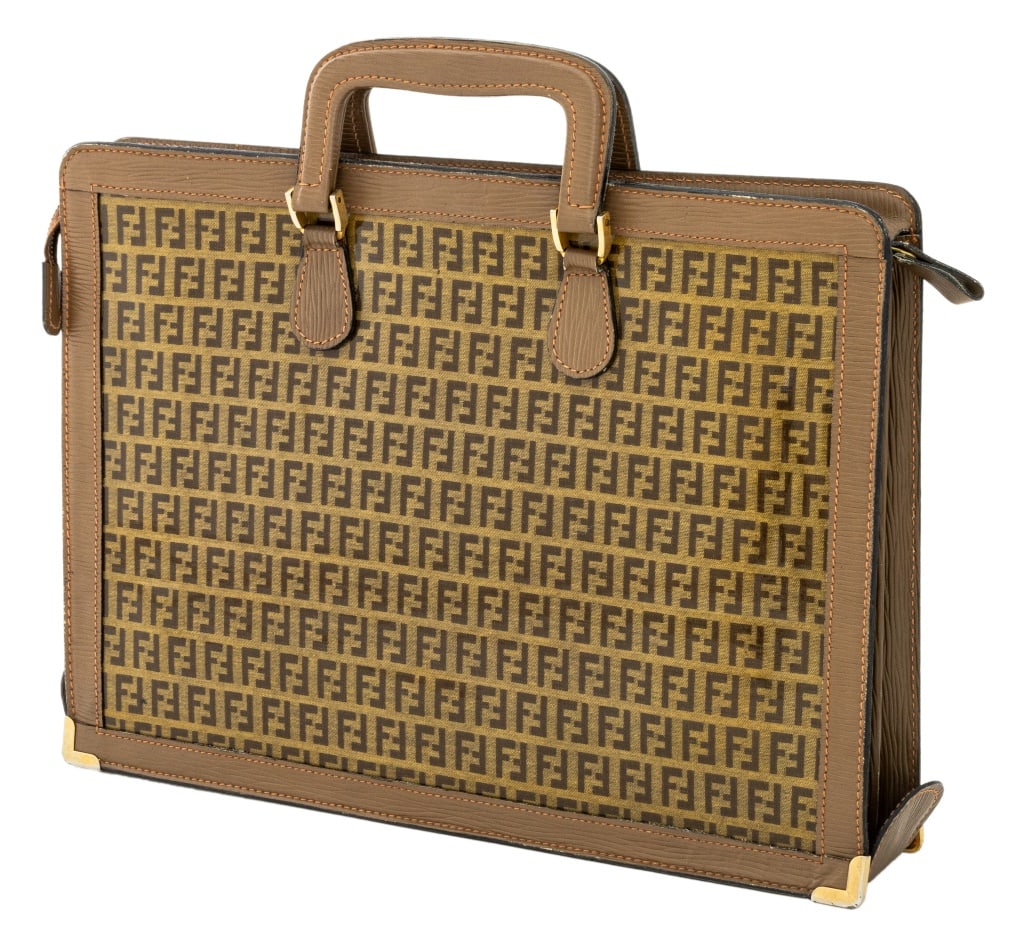 Fendi Zucchino Monogram Attache Case: Fendi Zucchino Monogram Attache Case, with top zipper closure, two handles and brown leather trim, gold-tone hardware, opening to three document compartments, marked "Fendi S.A.S. / Roma / Made in Ita