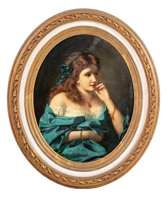 Anton Ebert Portrait of a Woman Oil on Canvas: Anton Ebert (Austrian, 1845-1896), Portrait of a Woman, Oil on Oval Canvas Laid to Board, 19th century, signed "A. Ebert / Wien" to mid right, original oval wood frame. Image: 31" H x 25" W; frame: 41