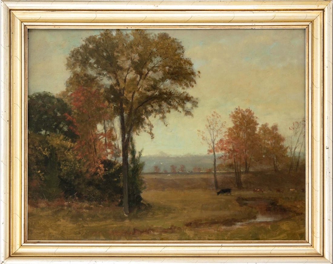 American School Pastoral Landscape Oil on Canvas: American School, Pastoral Landscape Scene, Oil on Canvas, apparently unsigned, giltwood frame. Image: 21.25" H x 28" W; frame: 26.25" H x 32.75" W x 1.5" D. Provenance: From a Greenwich, Connecticut E