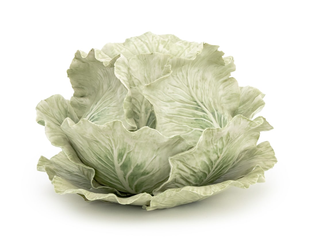 Vladimir Kanevsky Porcelain Cabbage Tureen: Vladimir Kanevsky (Ukrainian, b. 1951) Porcelain Cabbage Form Tureen and Underplate, signed "Vladimir" to the interior lid. Overall: 8.75" H x 14" Diameter. Provenance: Fraser & Associates, New York.