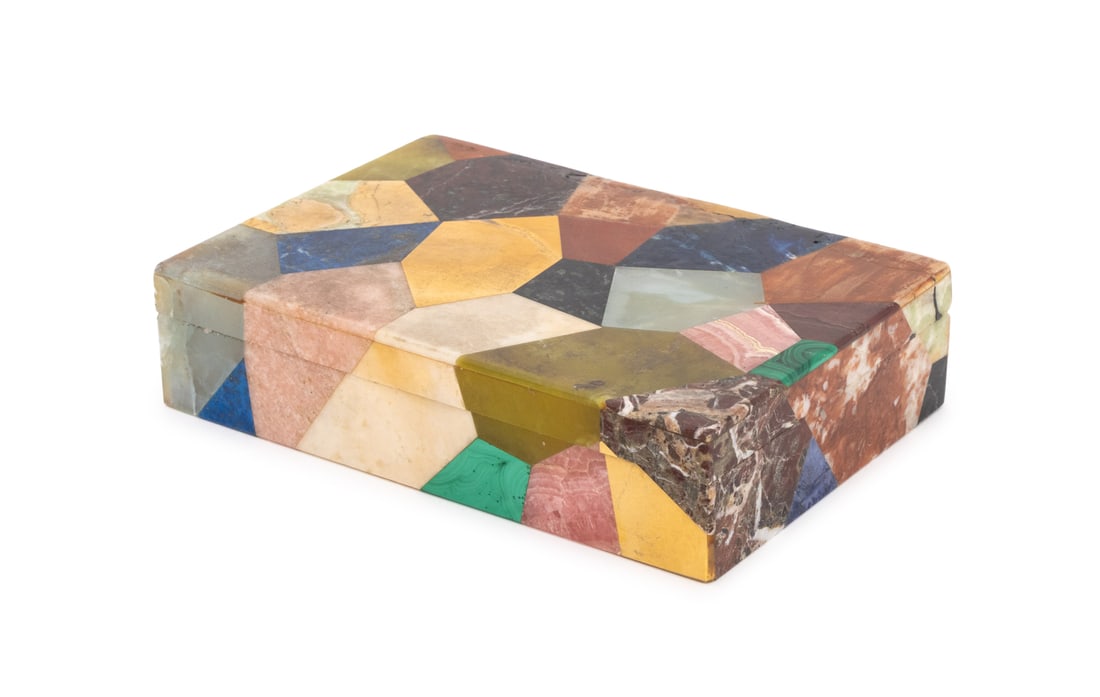 Tessellated Semi-Precious Stone Table Box: Tessellated Semi-Precious Stone Table Box, with hinged lid, the stones including rose quartz, malachite, lapis lazuli, and heliotrope. 1.5" H x 6" W x 4" D. Provenance: From a New York City Collection