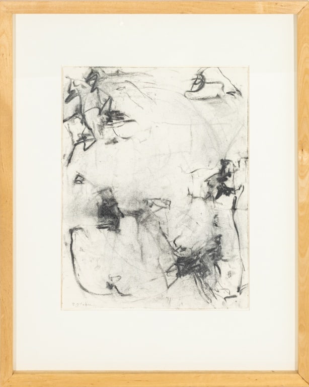 Robert O'Meara Abstract Expressionist Charcoal: Robert O'Meara (American, XX-XXI), Abstract Expressionist Composition, Charcoal on Paper, signed lower left, wood frame. Image: 13" H x 10" W; frame: 20.5" H x 16.5" W x 1.25" D. Provenance: From a 33