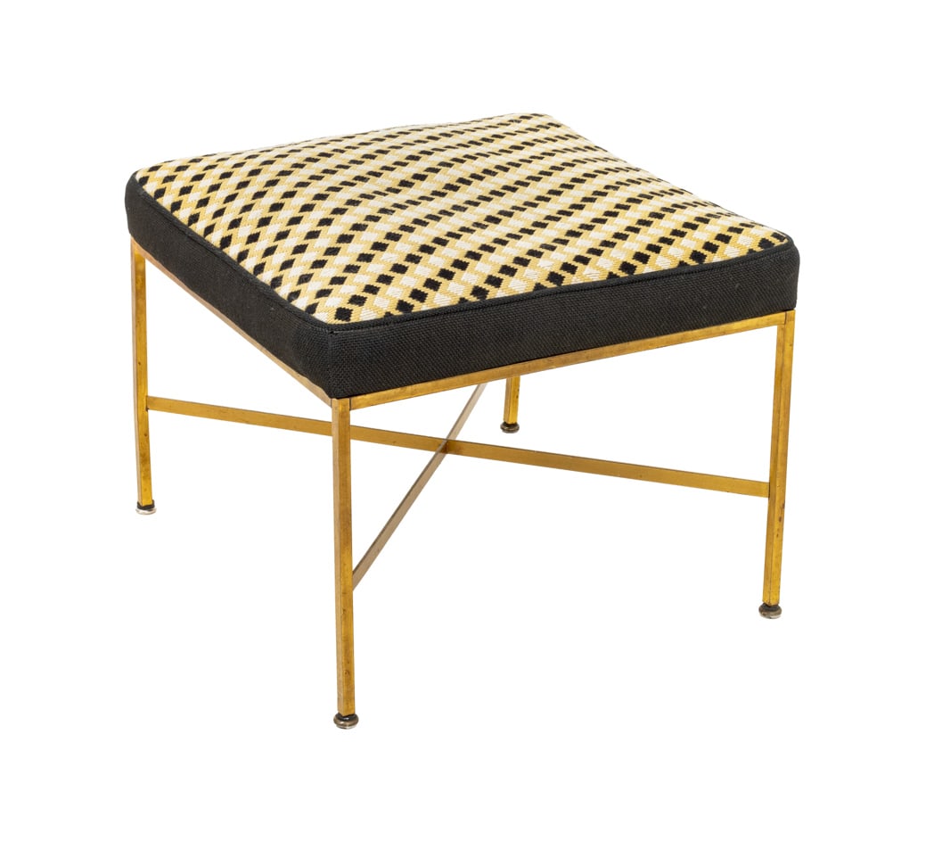 Paul McCobb for Directional Model 1306 Stool: Paul McCobb for Directional Model 1306 Stool, with needlepoint upholstered seat and brass x-frame base, unmarked. 15.5" H x 20.5" W x 20.5" D. Provenance: From a New York City Area Collection. Keyword