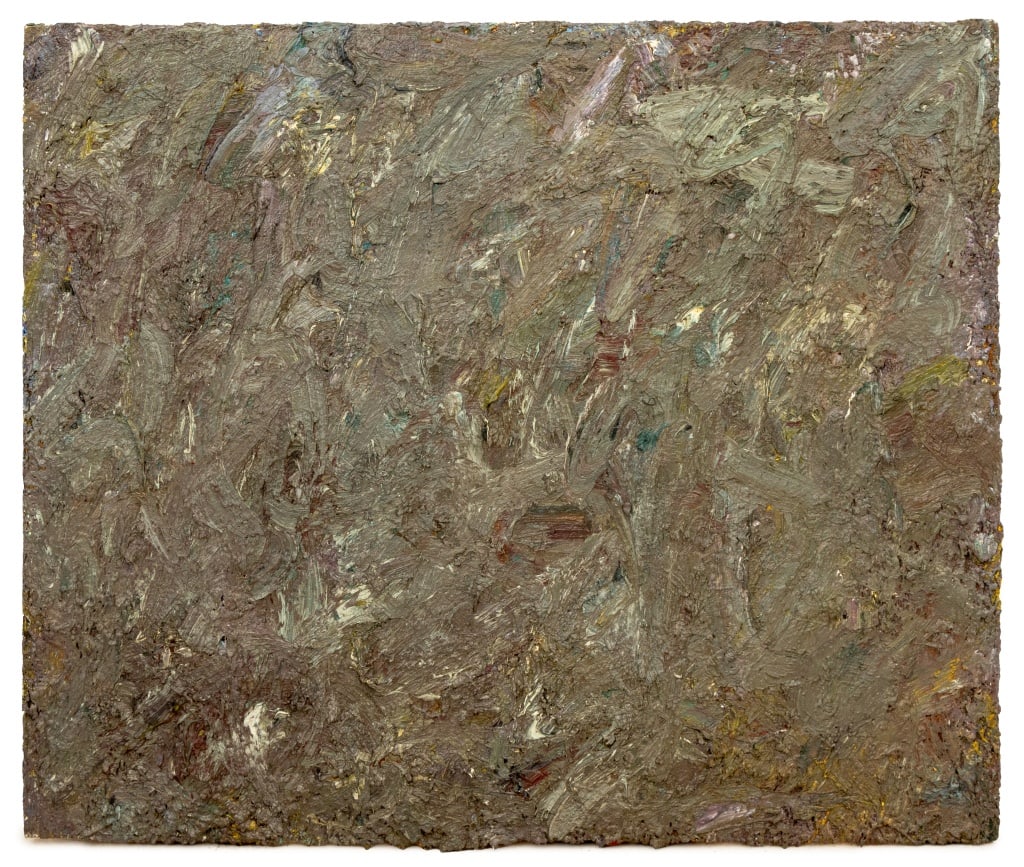 Andy Miller Abstract Composition Oil on Canvas: Andy Miller (American, b. 1950), Abstract Composition, Oil on Canvas, impasto details, blue grey and brown hues with white accents, artist's studio stamp verso, unsigned, unframed. 41.5" H x 48" W.