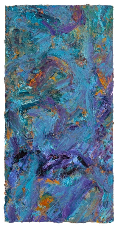 Andy Miller Abstract Composition Oil on Canvas: Andy Miller (American, b. 1950), Abstract Composition, Oil on Canvas, impasto details, purple and blue hues with yellow highlights, artist's studio stamp verso, unsigned, unframed. 24" H x 12" W.