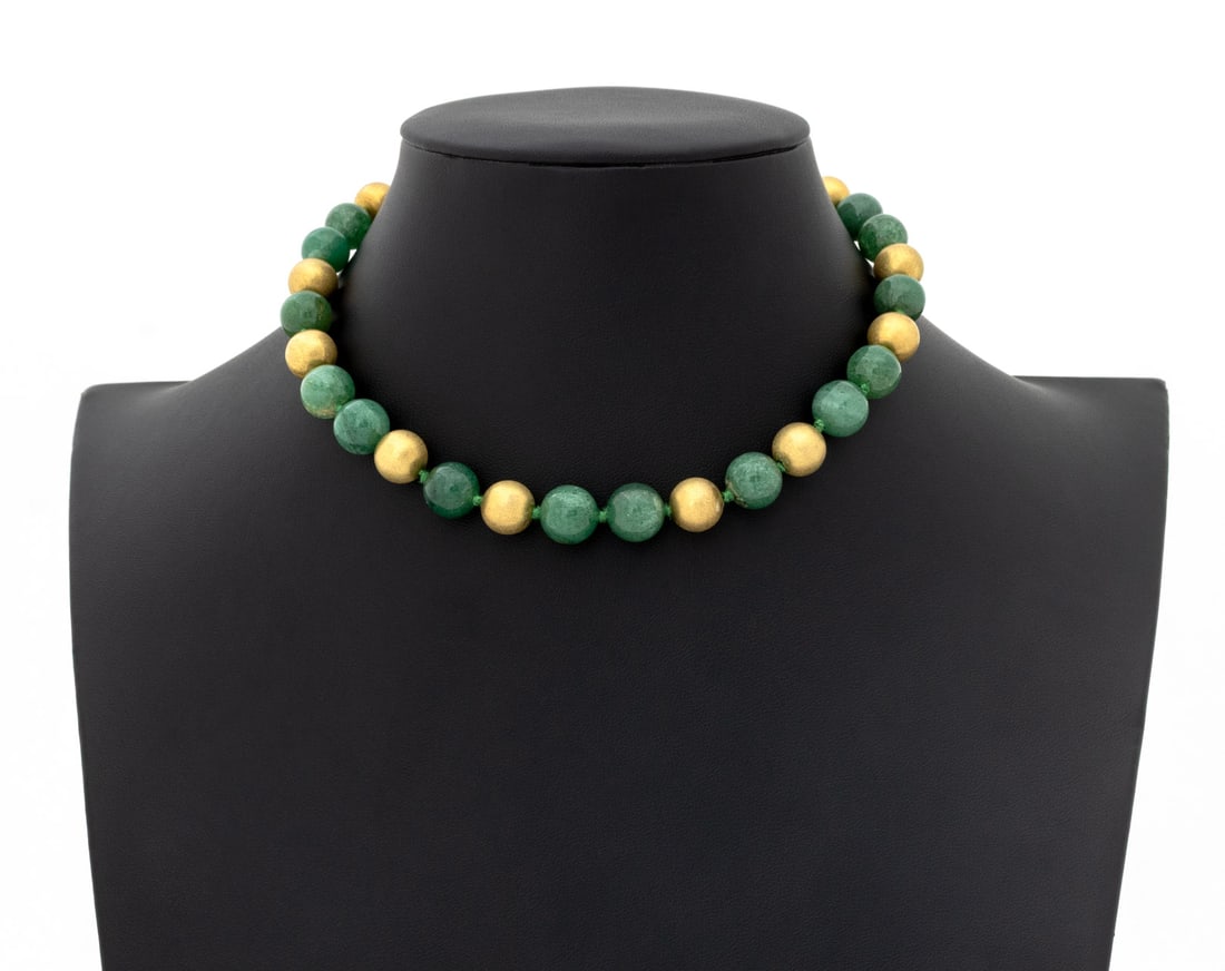 14K Yellow Gold Aventurine Bead Necklace: 14K Yellow Gold Aventurine Bead Necklace, featuring fully drilled round aventurine beads and 14K gold rondelles approx. 9.50 -10.00 mm., joined with 14K fish hook clasp, marked: "14K". Measuring appro