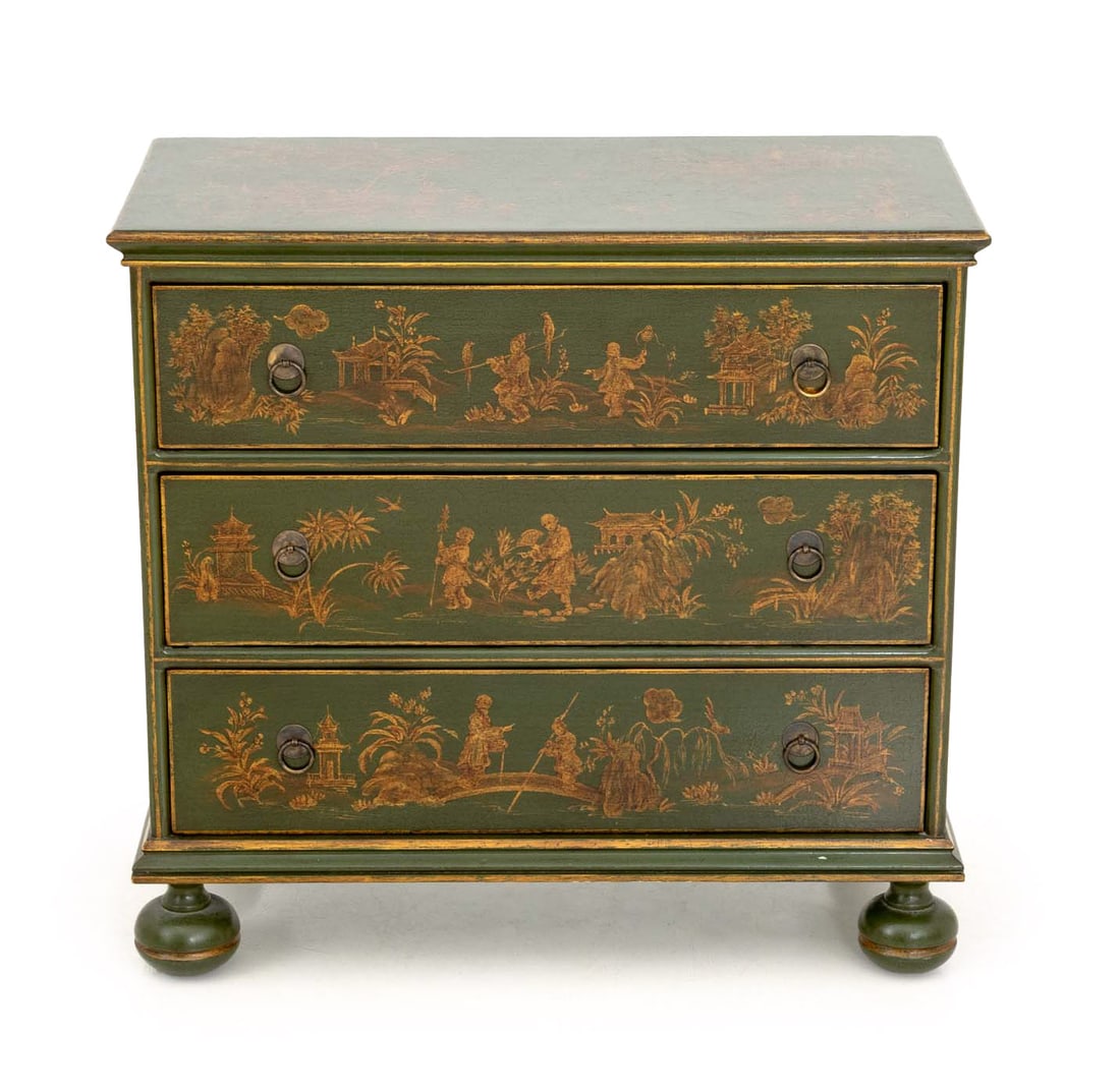William & Mary Style Green Chest of Drawers: William and Mary Style Green Lacquered Chinoiserie Decorated Chest of Three Drawers, with gilt figural decoration atop four bun feet. 28.25" H x 29.75" W x 15" D. Provenance: Fraser and Associates, Ne