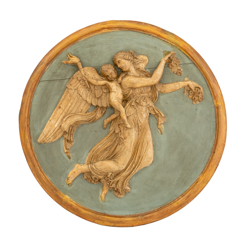 After Bertel Thorvaldsen "Night" Relief Medallion: After Bertel Thorvaldsen (Danish, 1770-1844) "Night" Polychrome Painted and Carved Wood Relief Medallion, late 19th century, wooden frame. Image: 32" Diameter; frame: 36" Diameter x 2.5" D. Provenance