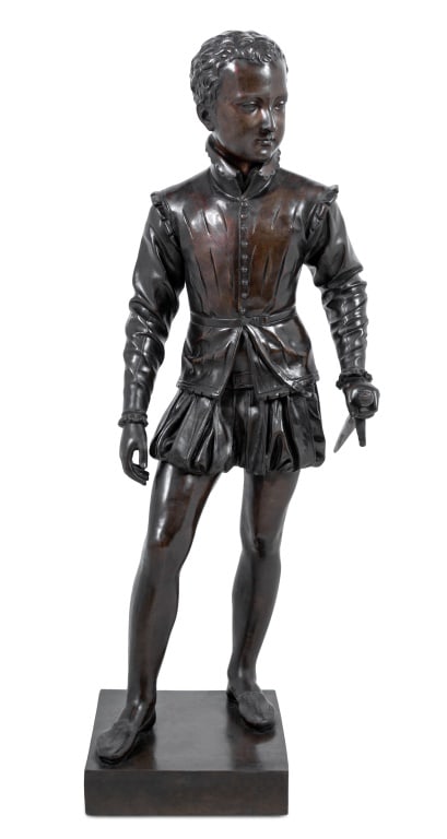 After Francois Bosio "Henry IV" Patinated Bronze: After Francois-Joseph Bosio (French, 1768-1845) "Henry IV of France" Patinated Bronze Sculpture, late 19th century, depicted as a child, on a square base, inscribed "Bosio". 46" H x 16" W x 14" D. Not