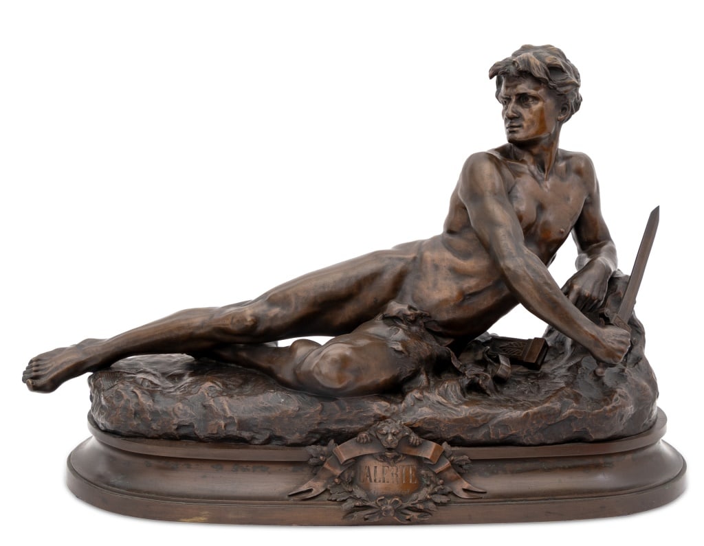 Leon Bonduel "L'Alerte" Patinated Bronze, 1889: Leon Bonduel (French, 1857-1928) "L'Alerte" [The Alert] Patinated Bronze Sculpture, 1889, depicting reclining nude man rising from sleep with a sword in hand, on a naturalistic base above an oval plin