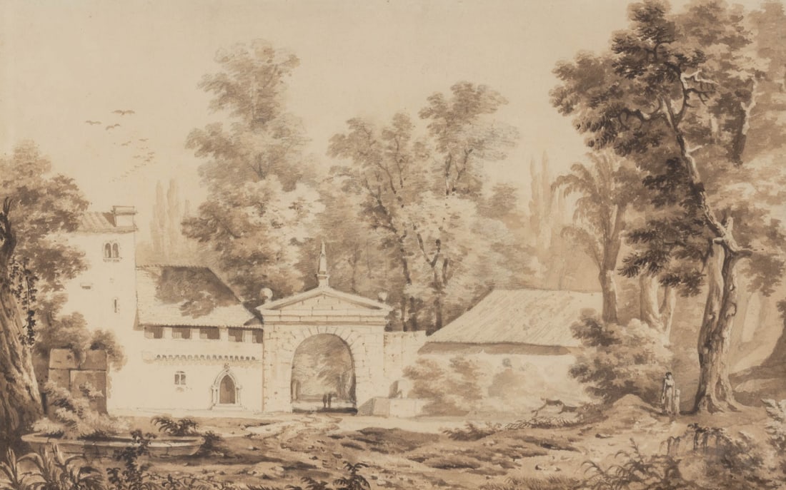 Jakob Link "Entrance to a Villa" Ink & Watercolor - 2