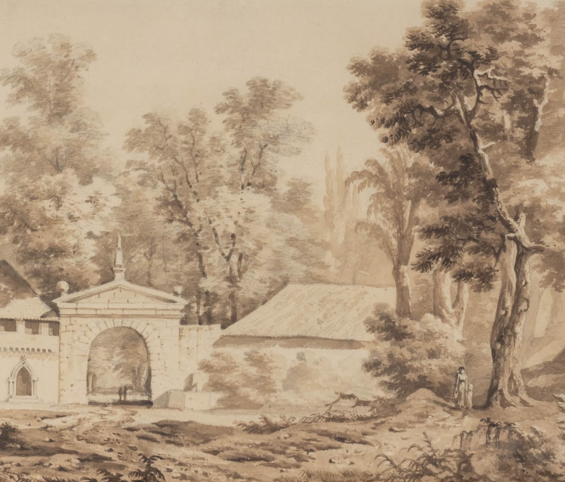 Jakob Link "Entrance to a Villa" Ink & Watercolor - 3