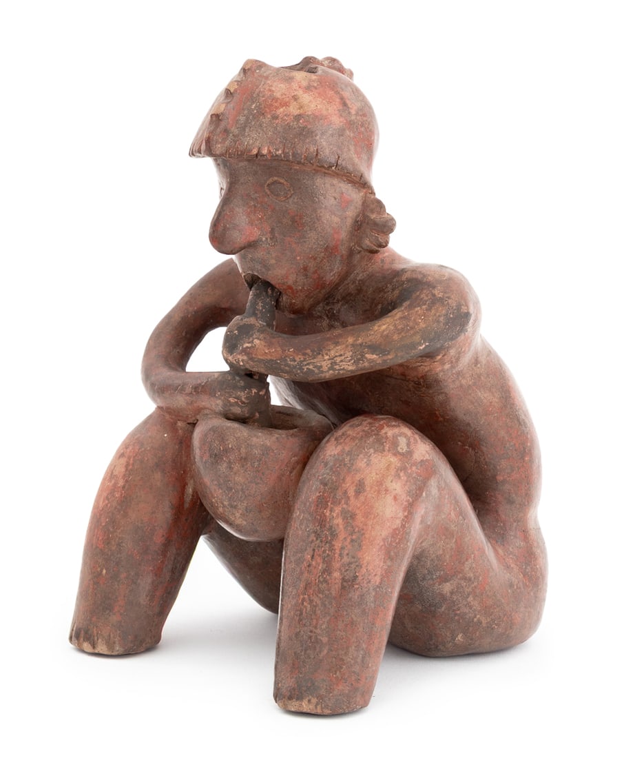 Colima Redware Seated Figure Vessel: Colima Redware Seated Figure Vessel, the hunchback drinking. 10.25" H x 6.5" W x 7.5" D. Provenance: From a New York City Collection. Keywords: West Mexico, Mesoamerican Art, Mexican, Pre-Columbian, P
