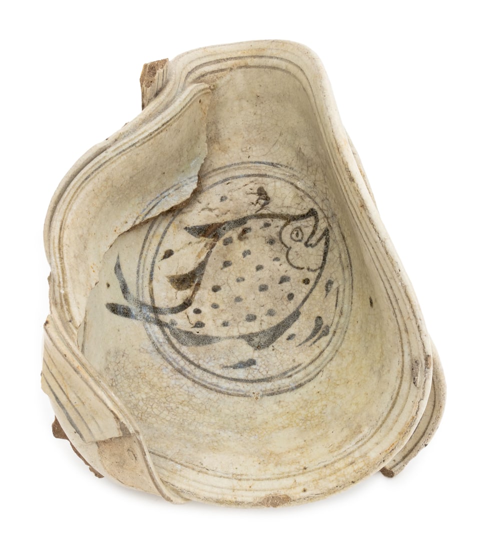 Thai Sukhothai Stoneware Kiln Waster, 15th C.: Thai Sukhothai Period Stoneware Kiln Waster, 15th century, fish motif bowls fused together. 8.5" H x 11.5" W x 9" D. Provenance: From the Collection of Laura and Lewis Kruger. Keywords: Thailand, Asia