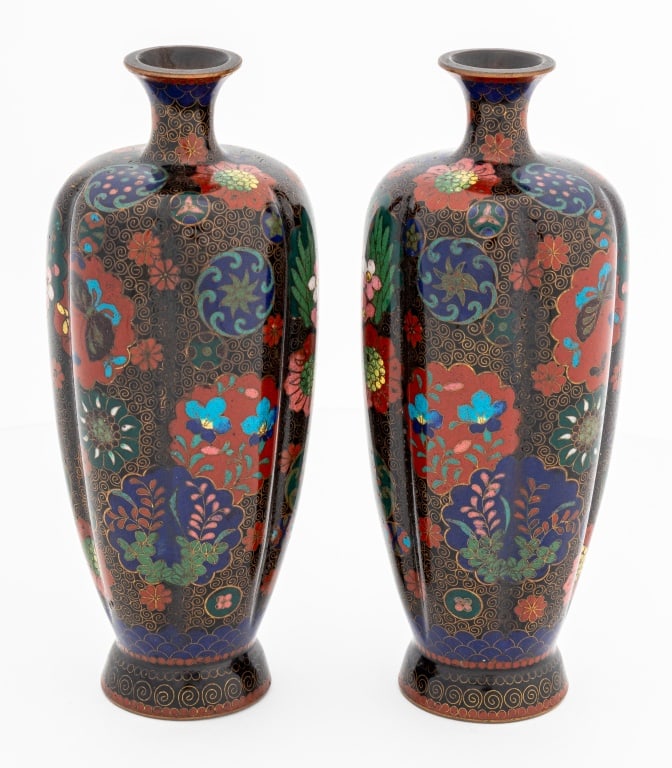 Japanese Cloisonne Lobed Vases, Pair - 2