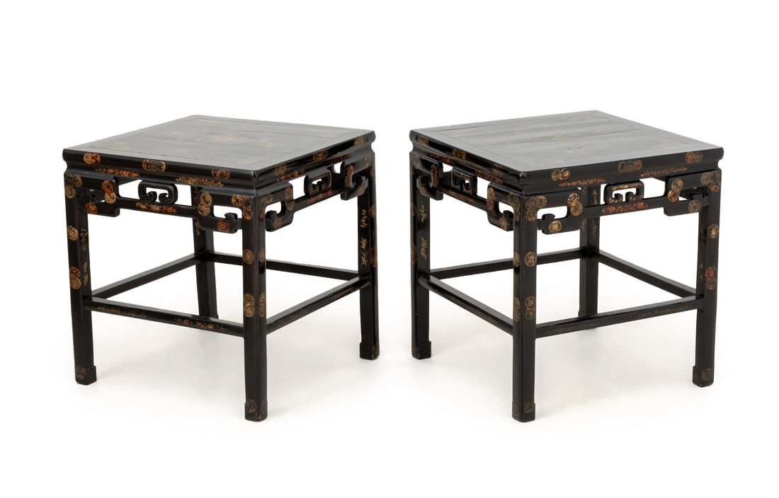 Japanned Black Lacquered Side Tables, Pair (1 of 6)