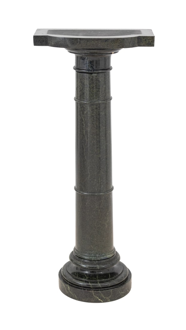 Victorian Green Serpentine Pedestal: Victorian Green Serpentine Pedestal, late 19th century, the rounded rectangular revolving top above a tapering column, on a stepped circular plinth. 42.75" H x 18" W x 12" D. Keywords: Antique Furnitu