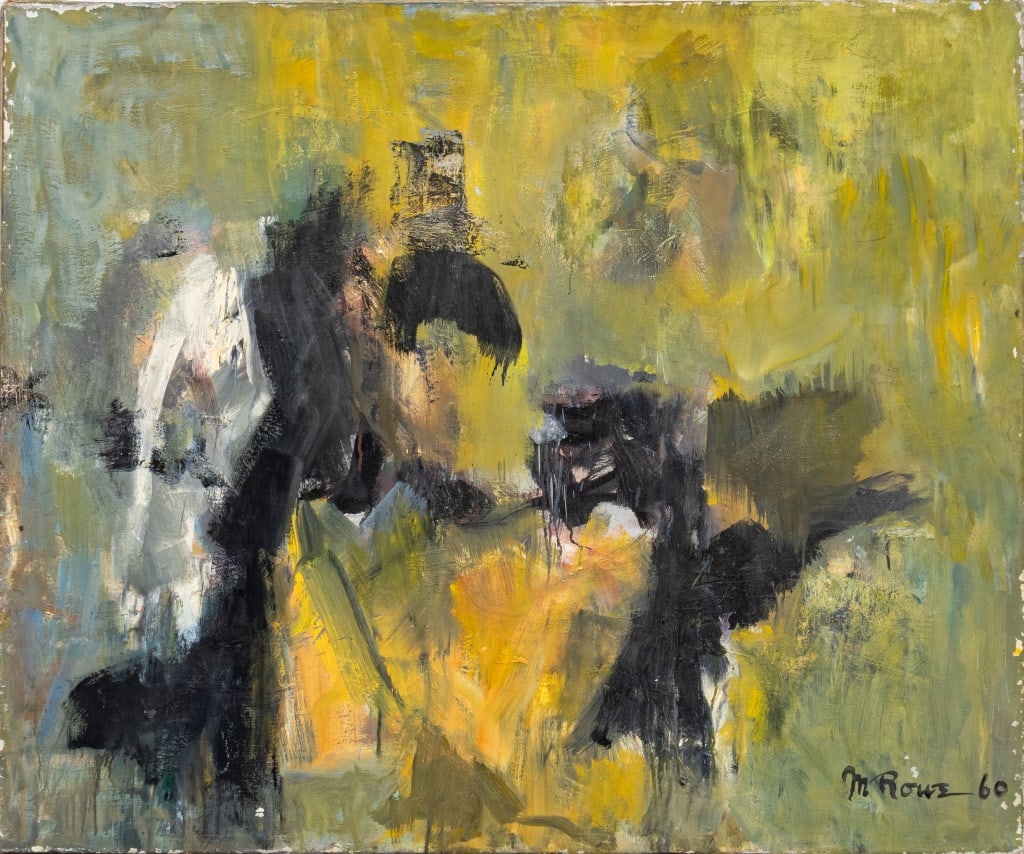 Margaret Rowe Abstraction Oil on Canvas, 1960: Margaret Rowe (American, XX), Abstract Composition, Oil on Canvas, 1960, signed and dated lower right, Art Students League label verso, unframed. 40" H x 48" W. Provenance: From the Allen Tucker