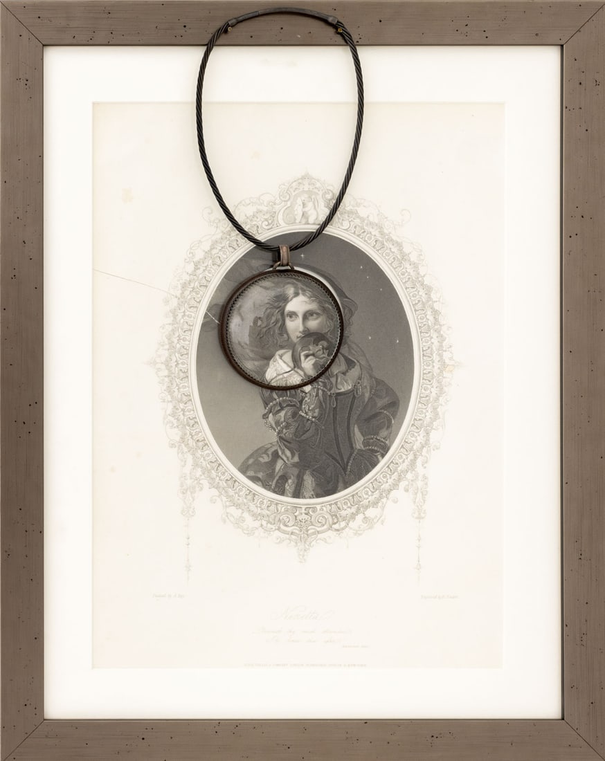 After Edward Finden "Ninetta" Found Art Object: After Edward Francis Finden (English, 1791-1857) "Ninetta" Found Art Object, engraving with cut out portrait head encased in sterling silver and copper pendant necklace, signed "Williamson sterling