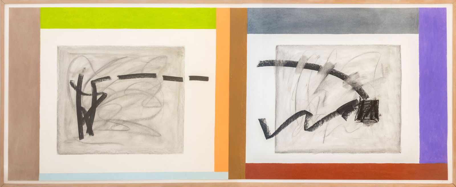 Peter Pettus "Speedzone II" Mixed Media, 1985: Peter Pettus (American, b. 1935), "Speedzone II", Charcoal and Pastel on Two Sheets of Paper, 1985, Katharina Rich Perlow Gallery label verso, cerused wood frame. Image: 38" H x 98" W; frame: 41.25" H