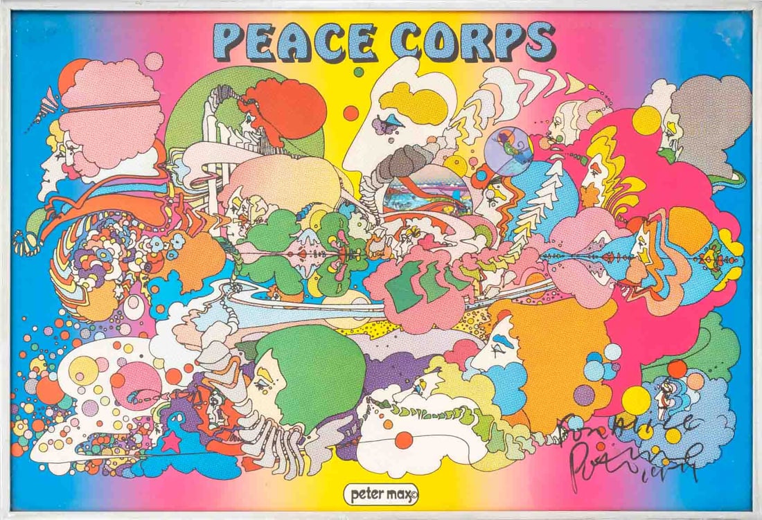 Peter Max "Peace Corps" Lithograph Poster, c. 1970: Peter Max (American, b. 1937), "Peace Corps", Lithographic Poster in Colors, circa 1970, titled to top, inscribed and signed "For Alice / Peter Max" lower right, silver-tone frame. Image: 14.75" H x