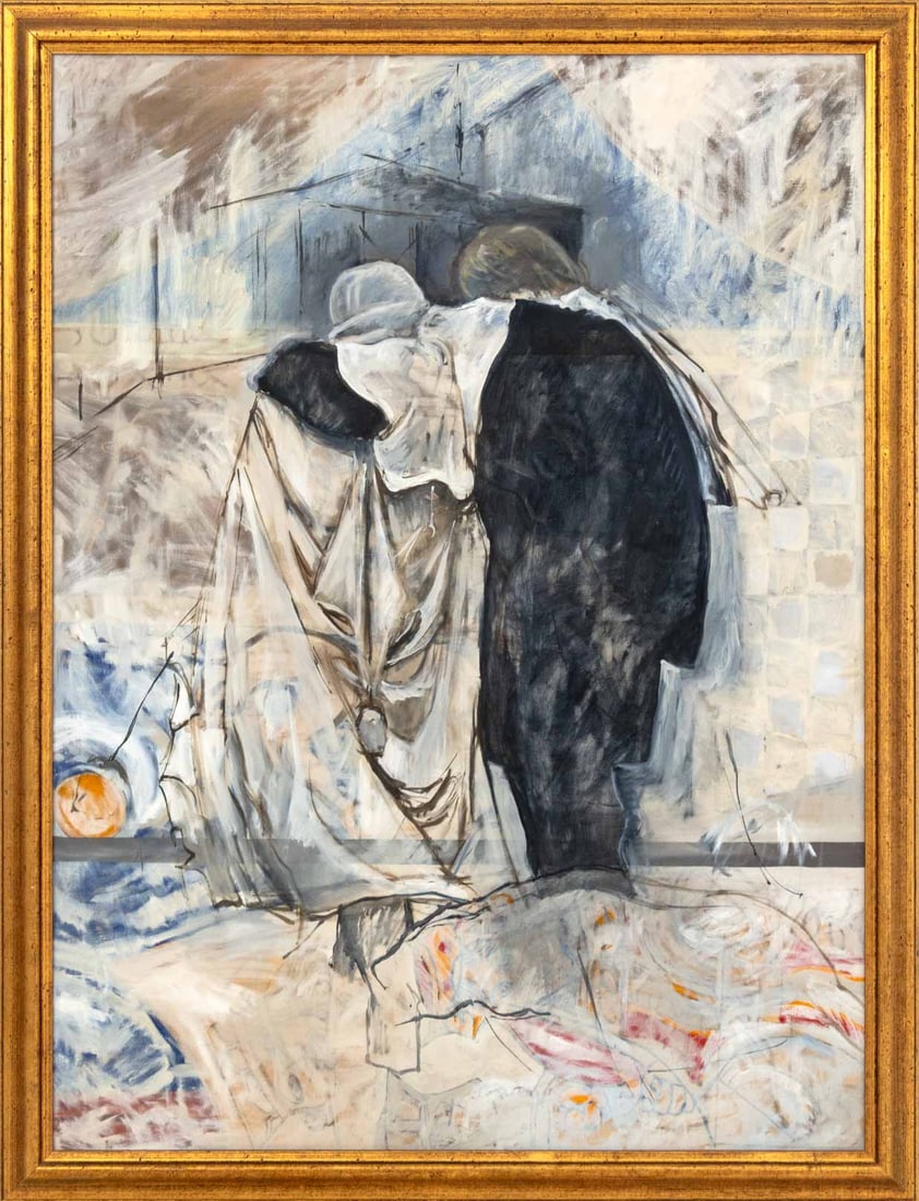 Expressionist Figural Street Scene Oil on Canvas: Expressionist Figural Street Scene, Oil on Canvas, unsigned, giltwood frame. Image: 50.5" H x 37.25" W; frame: 55.5" H x 42.5" W x 1.75" D. Provenance: From a New York City Collection. Keywords: