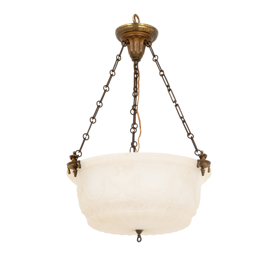 Neoclassical Style Frosted Glass Pendant Lamp: Neoclassical Style Frosted Glass Pendant Lamp, with embossed garland and urn motif and gilt brass urn form mounts. 25" H x 16.5" Diameter. Provenance: From an East 72nd Street Estate. Keywords:
