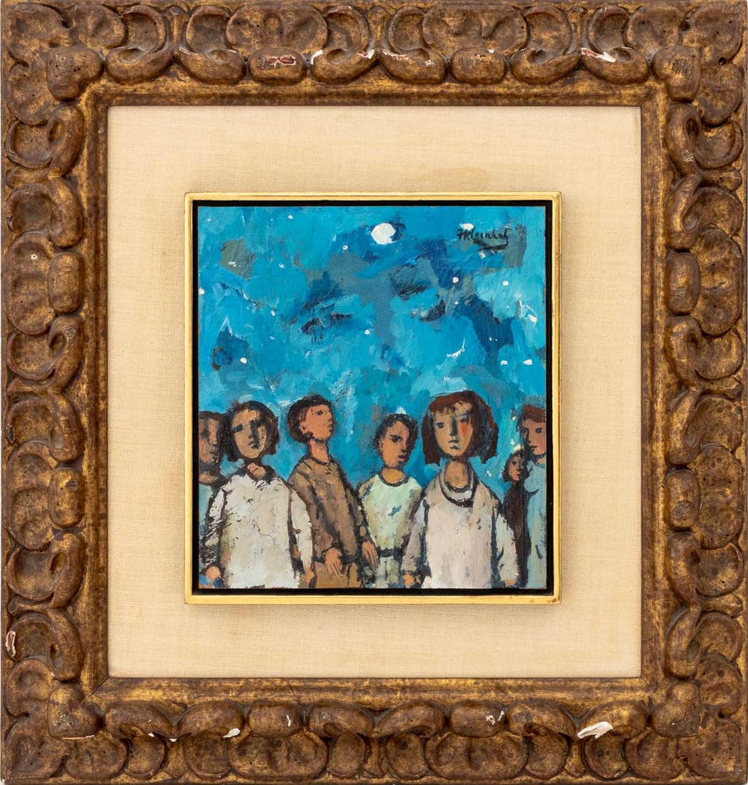Frank Kleinholz Untitled Oil on Board: Frank Kleinholz (American, 1901-1987), Untitled (Figures Under the Stars), Oil on Board, signed upper right, Frank Kleinholz label to reverse, giltwood frame. Image: 8.5" H x 8" W; frame: 18" H x 17"