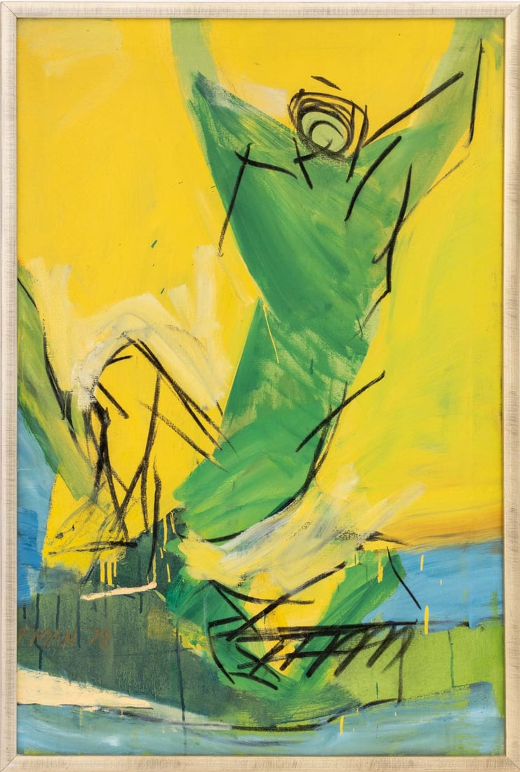 Ellen Hoffman Untitled Oil on Canvas, 1978: Ellen Hoffman (American, XX-XI), Untitled (Figural Abstraction), Oil on Canvas, 1978, partial signature "FMAN" and dated lower left, silvered wood frame. Image: 37.75" H x 23.5" W; frame: 41.75" H x 2