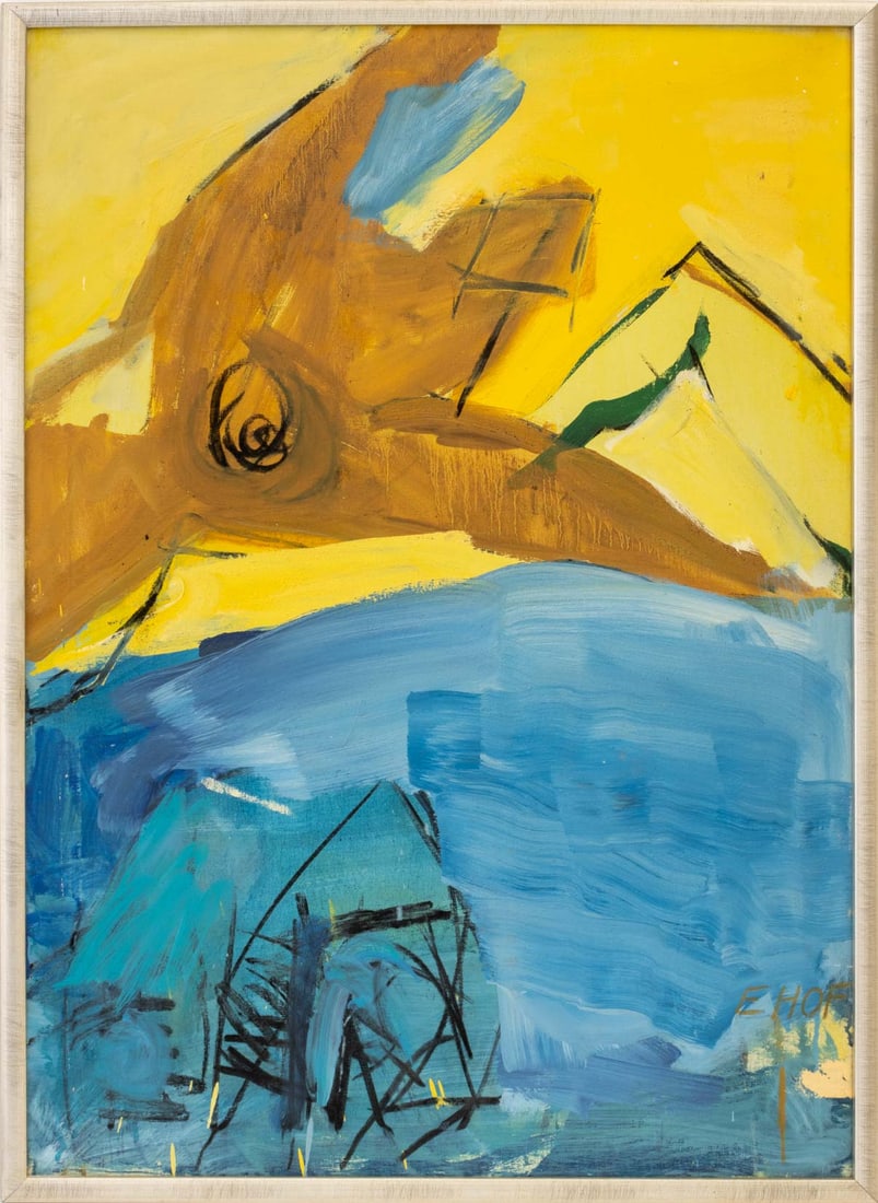 Ellen Hoffman Untitled (Abstraction) Oil on Canvas: Ellen Hoffman (American, XX-XI), Untitled (Abstraction), Oil on Canvas, apparently unsigned, silvered wood frame. Image: 35.75" H x 25.5" W; frame: 37.5" H x 27.25" W x 1" D. Provenance: The Upper Eas