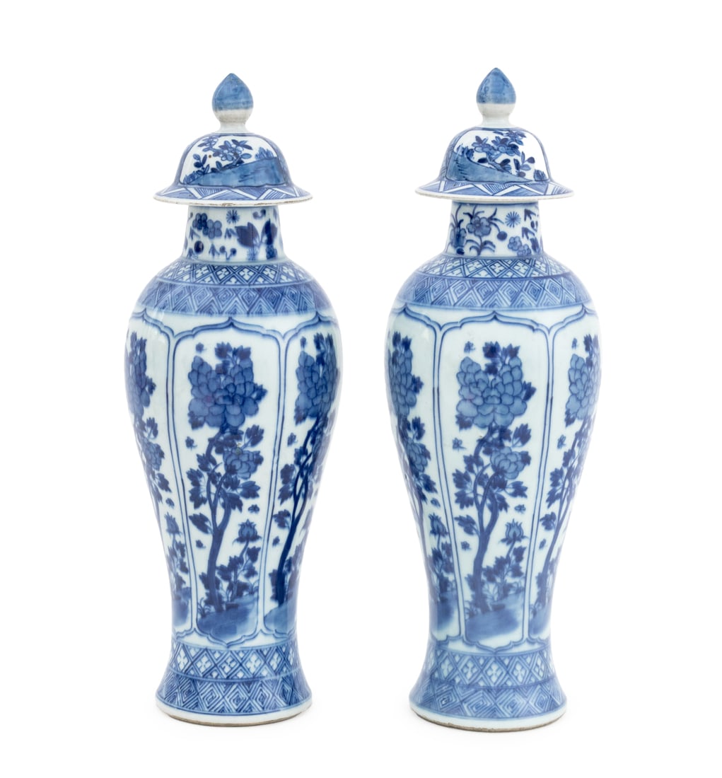 Chinese Porcelain Covered Meiping Vases, Pair: Pair of Chinese Blue and White Porcelain Covered Meiping Vases, Qing Dynasty, with landscape and butterfly vignettes, unmarked. Each: 15" H x 5" Diameter. Provenance: Pagoda Gallery, Hong Kong. From a