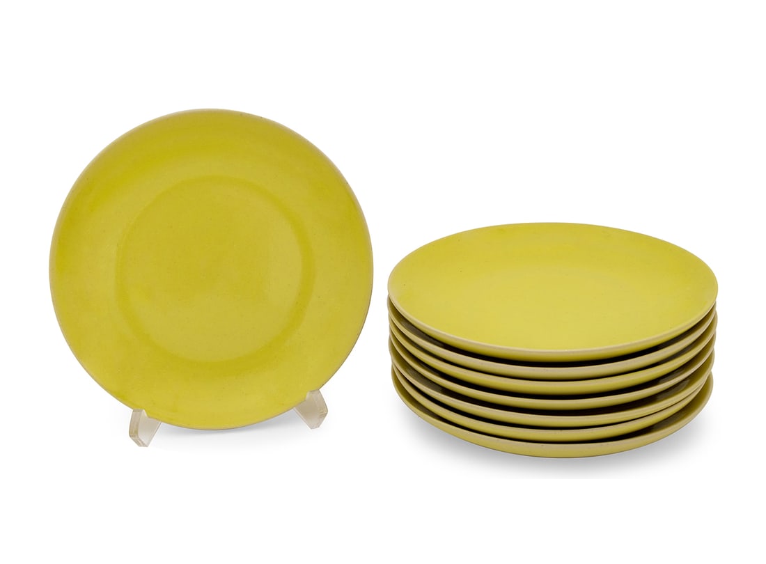 Rupert Spira Yellow Glazed Stoneware Plates, 8: Rupert Spira (English, b. 1960) Set of Eight Yellow Glazed Stoneware Salad Plates, marked "RS" to the underside. 7.5" Diameter. Provenance: Property from an Upper East Side Townhouse. Keywords: Cerami