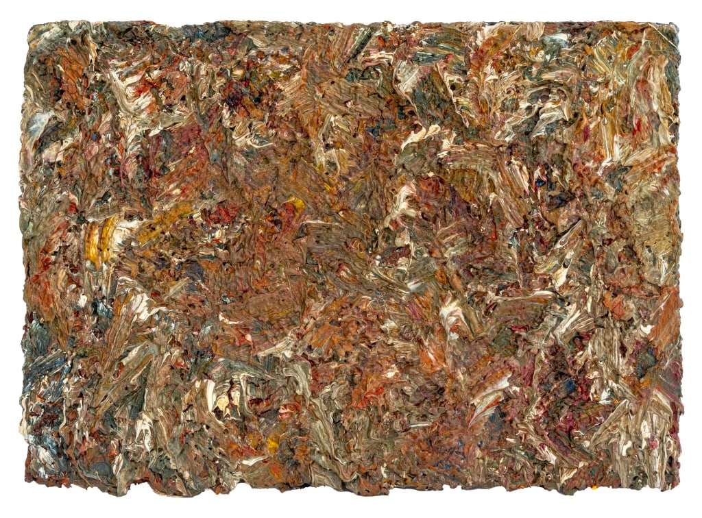 Andy Miller Abstraction Oil on Canvas, 1985: Andy Miller (American, b. 1950), Abstract Composition, Oil on Canvas, 1985, impasto details, reddish brown with heavy white highlights, artist's studio stamp, dated, and signed verso, unframed. 14.25"