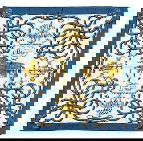 Hermes "Palefroi" Silk Twill Scarf: Hermes "Palefroi" Pattern Silk Twill Scarf, marked "Hermes Paris" and signed "F. de la Perriere" in print. 34" L x 34" W. Provenance: From a New York City Collection. Keywords: Shawl, Designer, French