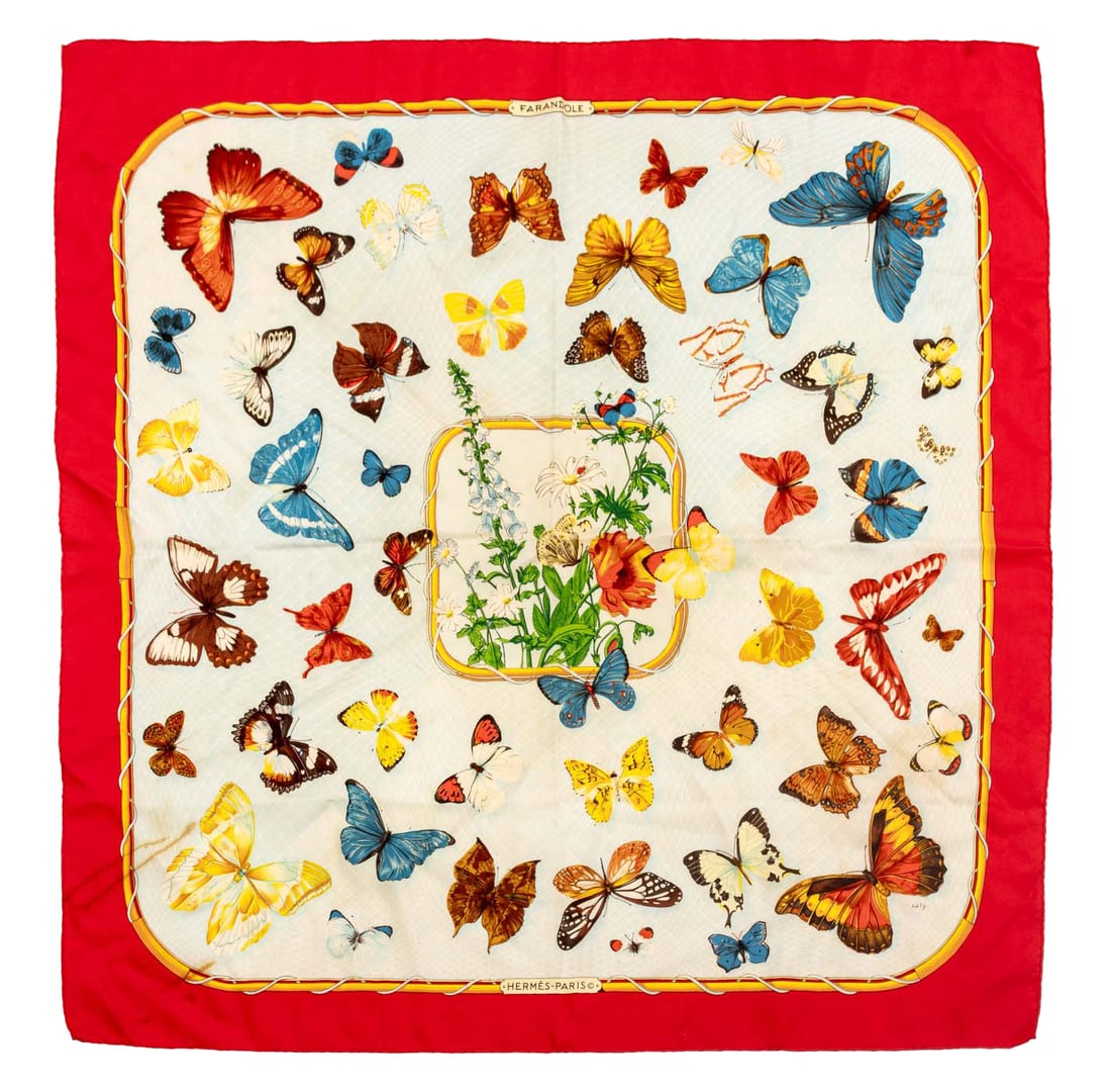 Hermes "Farandole" Silk Twill Scarf: Hermes "Farandole" Pattern Silk Twill Scarf, marked "Hermes Paris" and signed "Caty" in print. 34" L x 34" W. Provenance: From a New York City Collection. Keywords: Shawl, Designer, French, Luxury bra