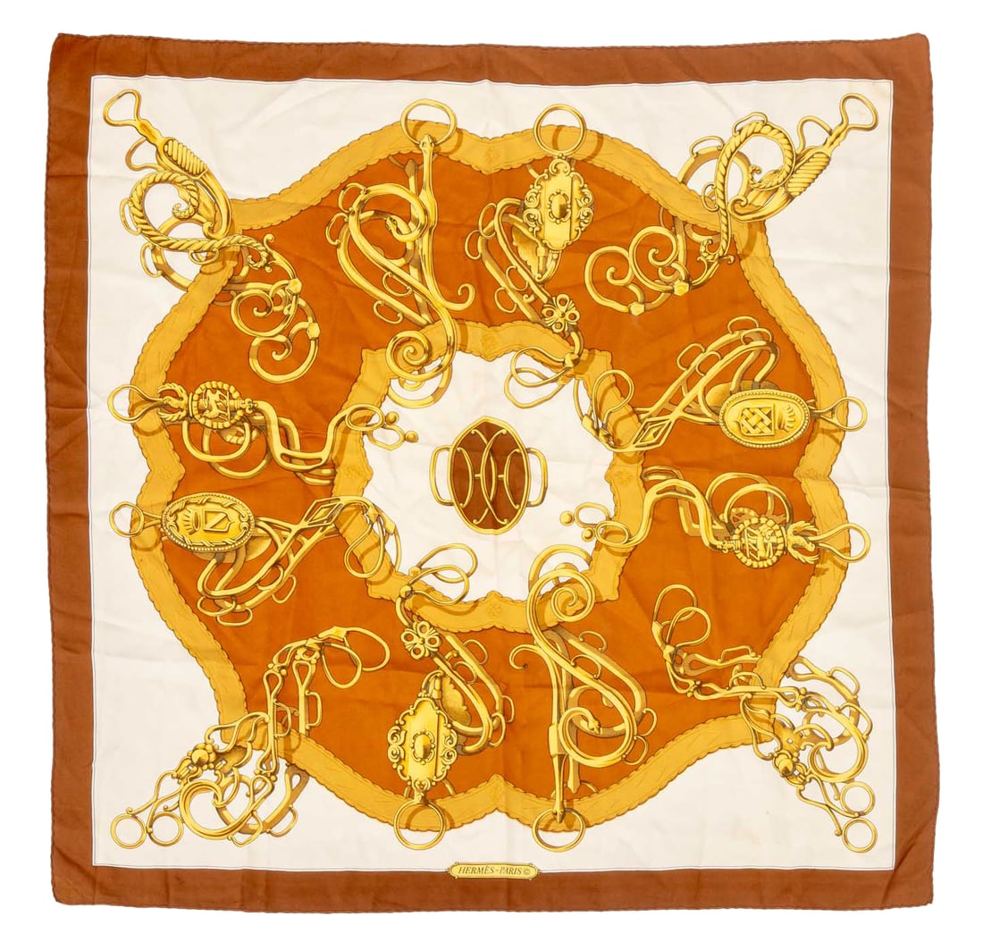 Hermes "Lift Profile" Silk Scarf: Hermes "Lift Profile" Silk Scarf, in beige and tan, marked "Hermes / Paris" in print. 35" H x 34" W. Provenance: From a New York City Collection. Keywords: Fashion, Accessories, Neck scarf, Designer,