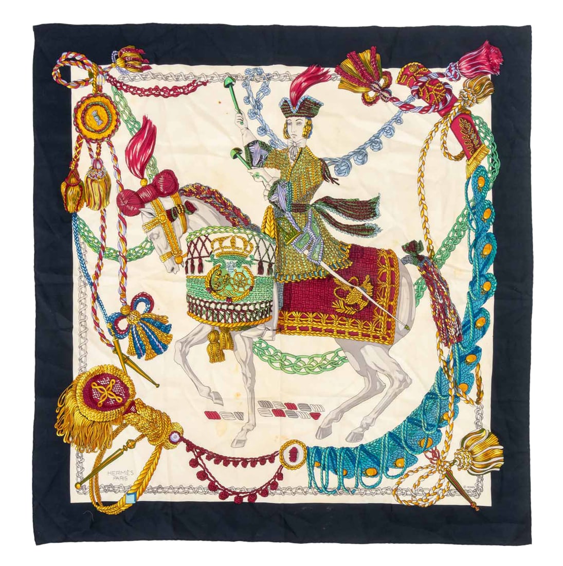 Hermes "Le Timbalier" Silk Twill Scarf: Hermes "Le Timbalier" Pattern Silk Twill Scarf, marked "Hermes - Paris" in print. 35.5 L x 35.5" W. Provenance: From a New York City Collection. Keywords: Designer, French Fashion, Accessories, Shawl,