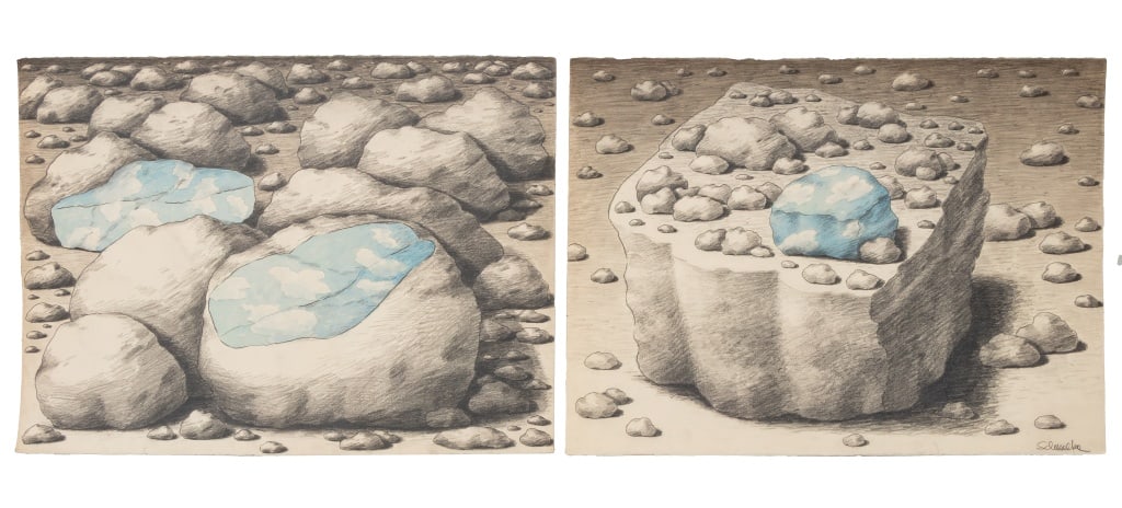 Elfi Schuselka "Sky" Mixed Media on Paper, 2: Elfi Schuselka (Austrian, b. 1940), Two "Sky" Compositions, Mixed Media on Paper, comprising: "Exceptional Piece of Rock Landscape", signed in pencil lower right, titled verso, and Sky Rock Landscape,