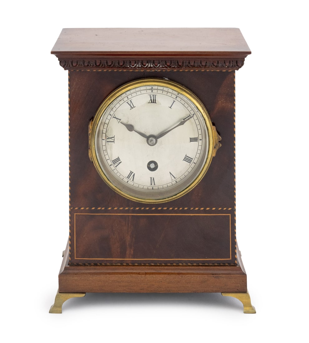 French String Inlaid Mahogany Table Clock: French String Inlaid Mahogany Table Clock, marked "Samuel Mark Paris Medailie / Fabrique de Paris / 5862 41". 8.25" H x 6.75" W x 5" D. Provenance: From a New York City Collection. Keywords: Desk cloc