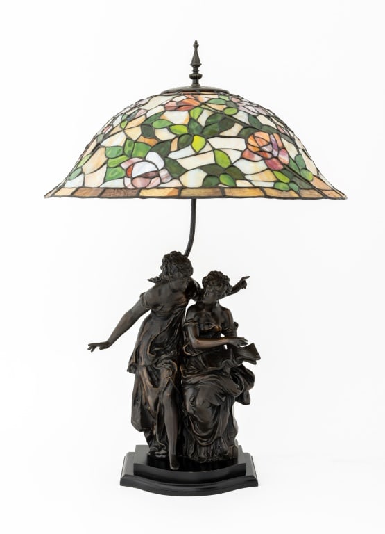 After Louis Auguste Moreau "The Romance" Lamp: After Louis Auguste Moreau (1855-1919) "The Romance" Bronzed Metal Sculpture Mounted as a Lamp, with slag glass shade, stamped "Collection Francaise / Made in U.S.A.". 32.75" H x 21.5" Diameter. Prove