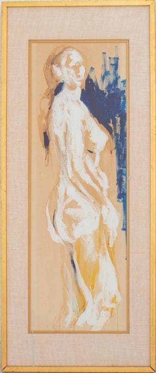 Illegibly Signed Standing Nude Acrylic on Paper: 20th Century School, Abstract Standing Nude Woman, Acrylic on Paper, illegibly signed "B..stein" lower right, giltwood frame. Image: 32.5" H x 10.75" W; frame: 42" H x 17.5" W. Provenance: From a Long