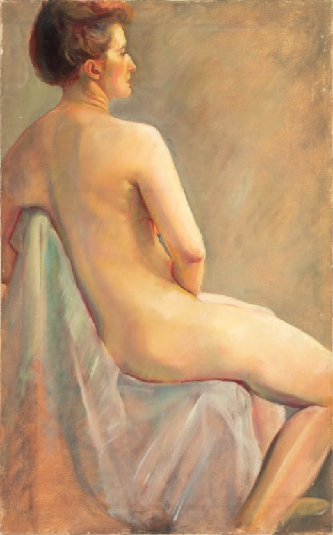 H. Adams Seated Female Nude Oil on Canvas: H. Adams (American, XX), Seated Female Nude, Oil on Canvas, signed verso, unframed. 38" H x 24" W. Provenance: From the Allen Tucker Memorial Collection. Keywords: Paintings, Oil painting, Works on Ca
