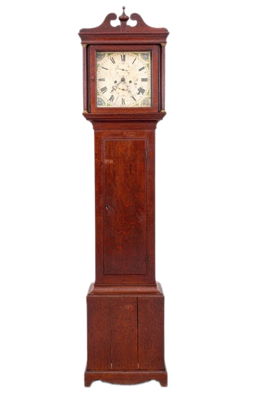 George III Style Oak Longcase Clock, 19th C.: George III Style Oak Long Case Clock, with hand-painted clock face flanked by two columns, 19th century. 77" H x 18" W x 9.25" D. Provenance: From a New York City Collection. Keywords: Timepiece, Gran