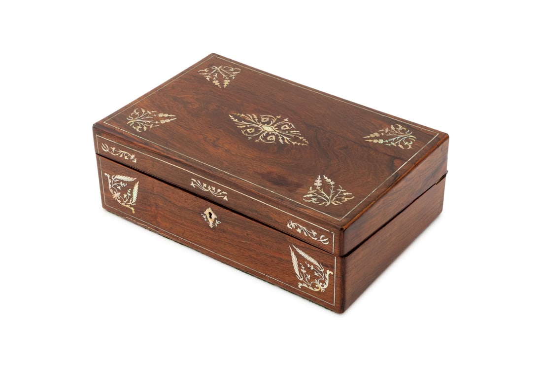 Victorian Rosewood Mother-of-Pearl Inlay Humidor: Victorian Rosewood Mother-of-Pearl Inlaid Humidor, the hinged lid opening to a wood lined interior with hygrometer. 4.75" H x 14" W x 9" D. Provenance: From a Long Island Estate. Keywords: Antiques, E