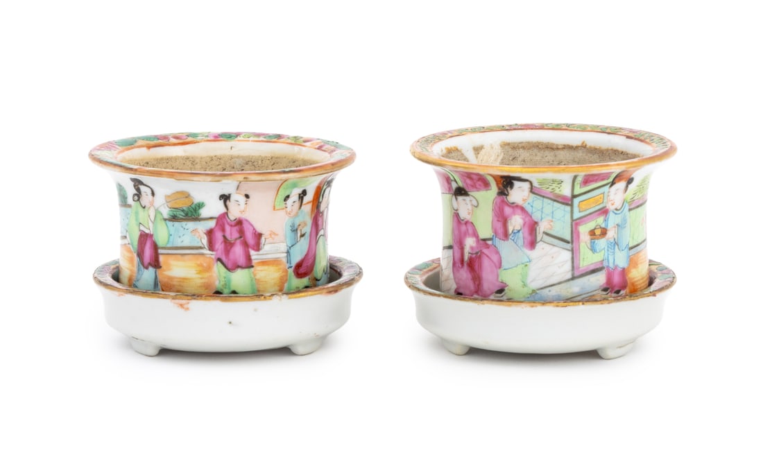 Chinese Famille Rose Porcelain Cachepots, Pair: Pair of Chinese Famille Rose Porcelain Diminutive Cache Pots and Saucers, the pots hand-enameled with figural scenes, the plates with flowers and butterflies. Each overall: 2.5" H x 3.25" Diameter. Pr